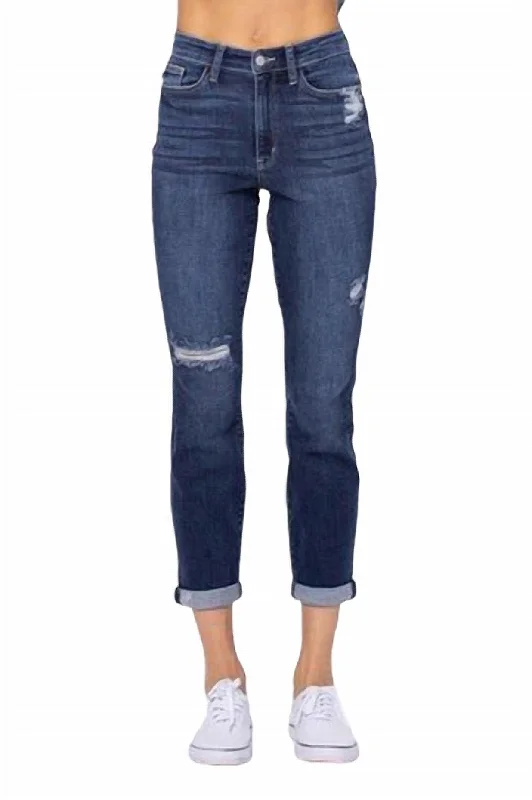 Hi Rise Cuffed Boyfriend Jeans In Medium Wash