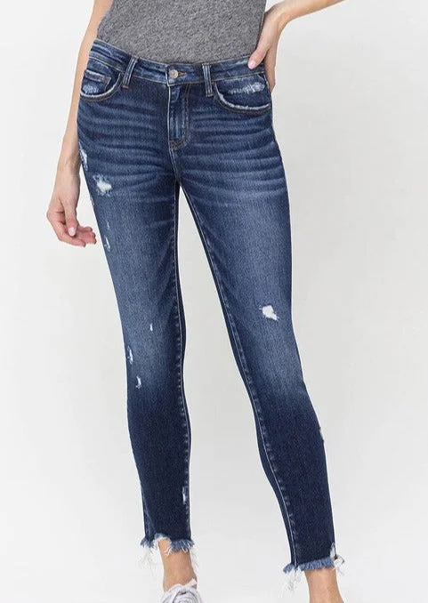 Lovervet Mid Rise Distressed Uneven Raw Hem Crop Skinny Jean