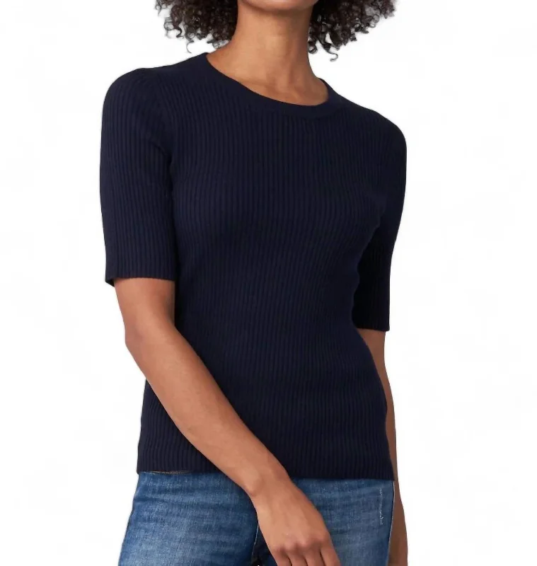 Short Sleeve Fine Rib Crew Sweater In Navy