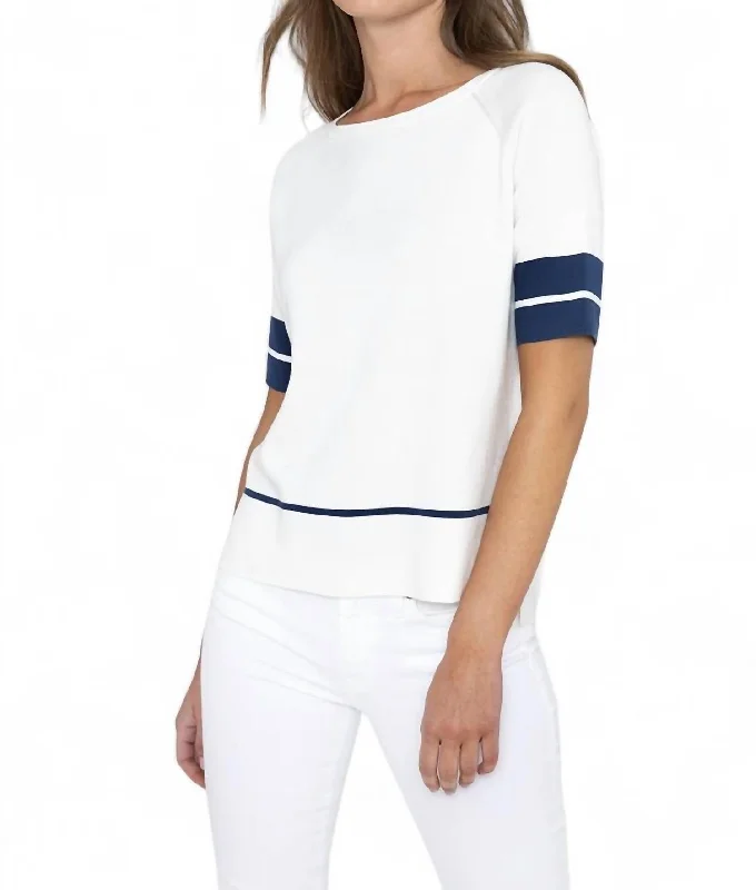 Short Sleeve Tipped Hi-Low Pullover In White/eclipse