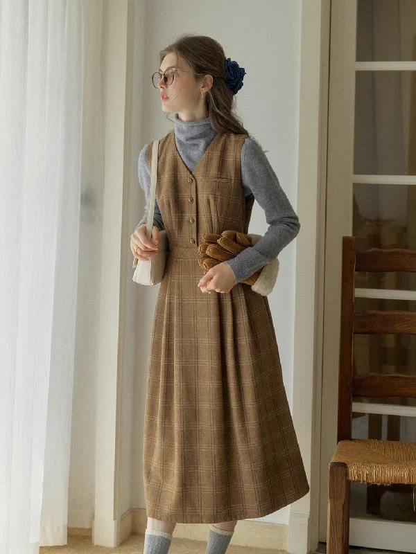 Avayah V-neck Brown Plaid Sleeveless Pocket Wool Dress (Restock Nov 26)