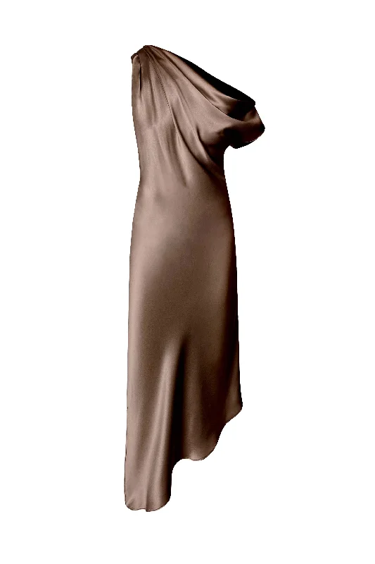 Asymmetric Draped Shoulder Full Length Dress - Ash