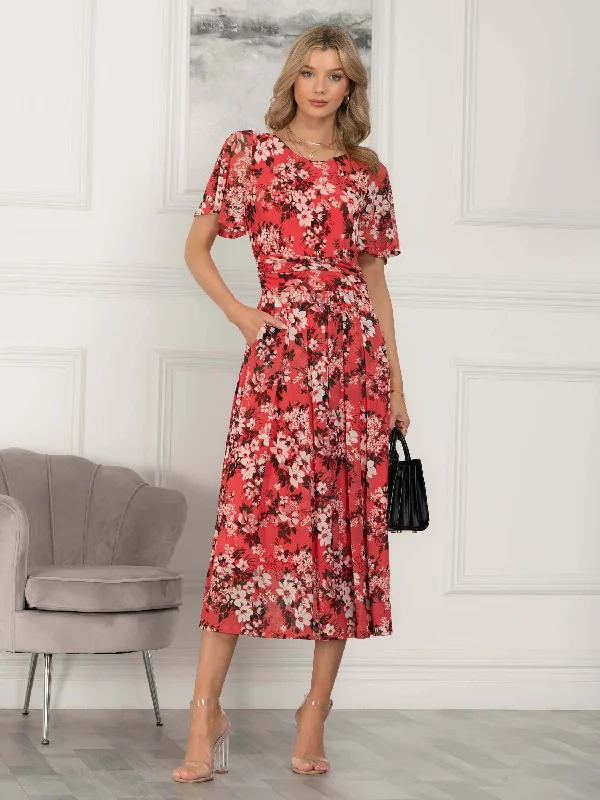 Julita Floral Mesh Midi Dress, Coral