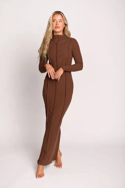 Jackie Knit Maxi Dress With Back Slit in Dark Brown