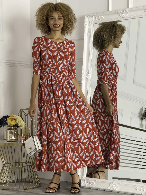 Sienna 3/4 Sleeve Maxi Dress, Red Leafy