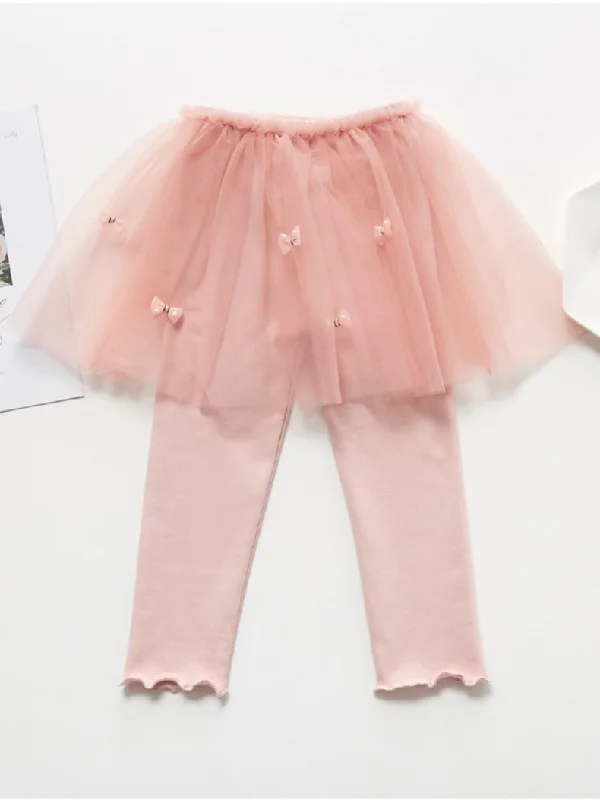 Little Girls Pink Footless Leggings with Ruffle Tutu Skirt Bowknot Cotton Pantskirt by Kaja Clothing - Akili Pantskirt