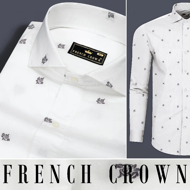 Bright White Flower Jacquard Textured Premium Giza Cotton Shirt