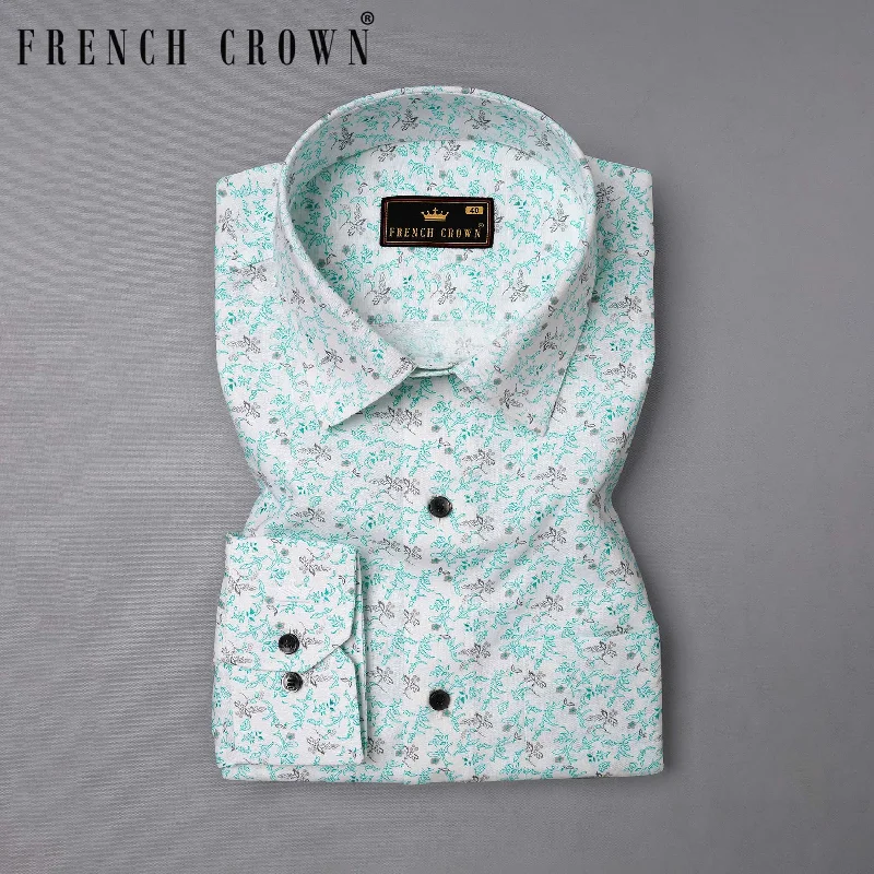 Bright White Leaves Printed Luxurious Linen Shirt