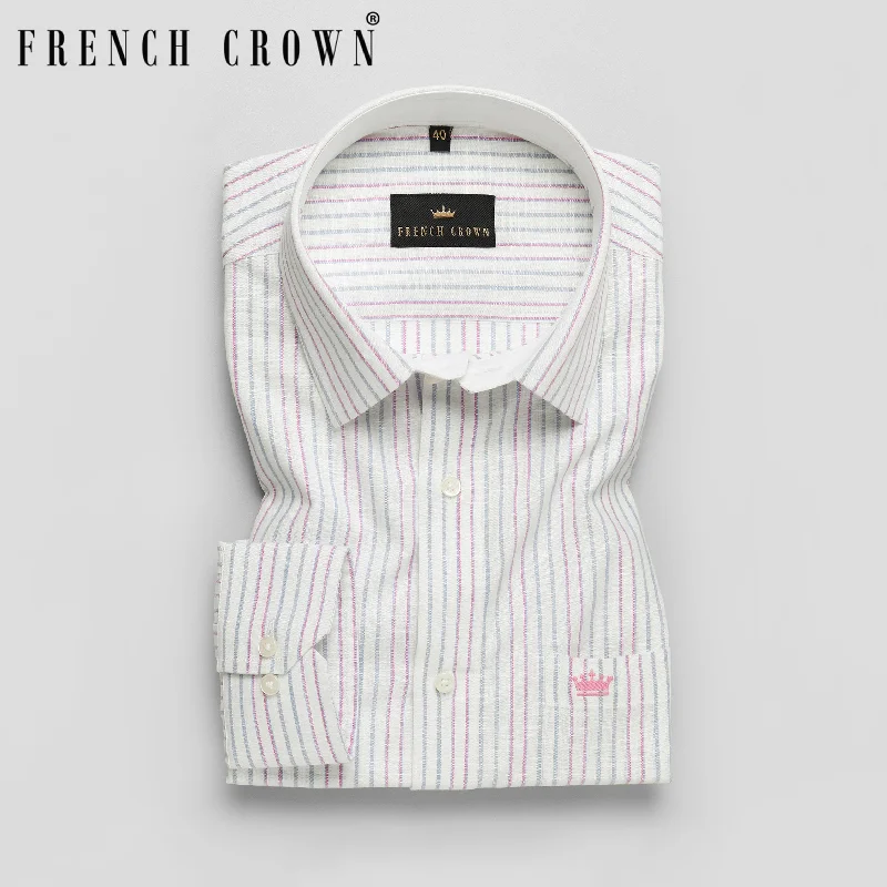 Bright White with Grey and Pink Striped Luxurious Linen Shirt