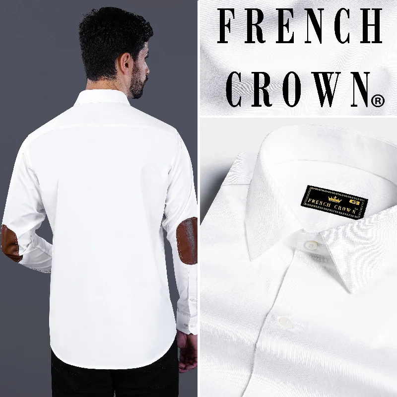 Bright White Subtle Sheen with leather elbow patch Super Soft Premium Cotton Shirt