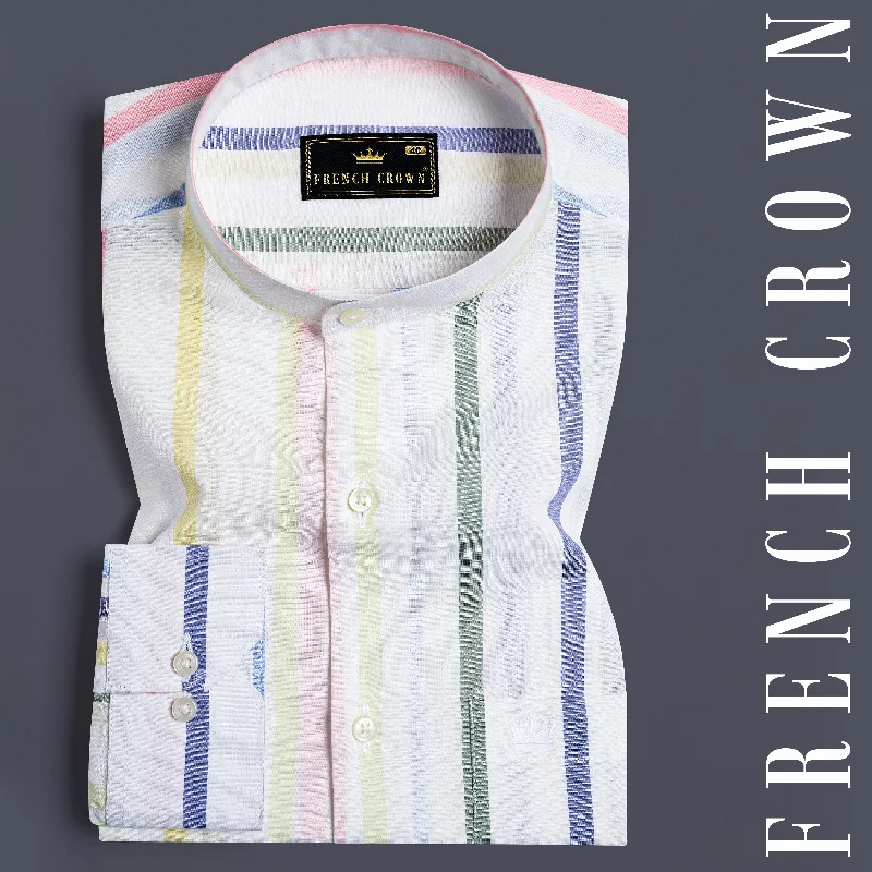 Bright White with Nevada Green and Yonder Blue Multicolour Striped Premium Cotton Shirt