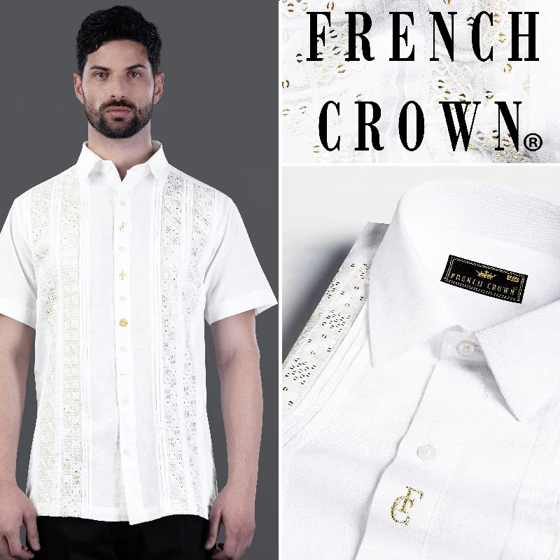 Bright White with Tikki Work and French Crown Element Embroidered Luxurious Linen Half Sleeved Designer Shirt