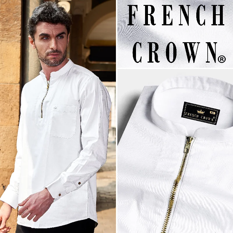 Bright White Subtle Sheen Zipper Closure Premium Cotton Shirt