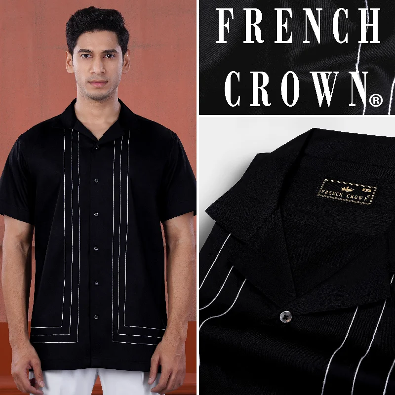 Jade Black with White Lines Stitched Subtle Sheen Super Soft Premium Cotton Designer Shirt