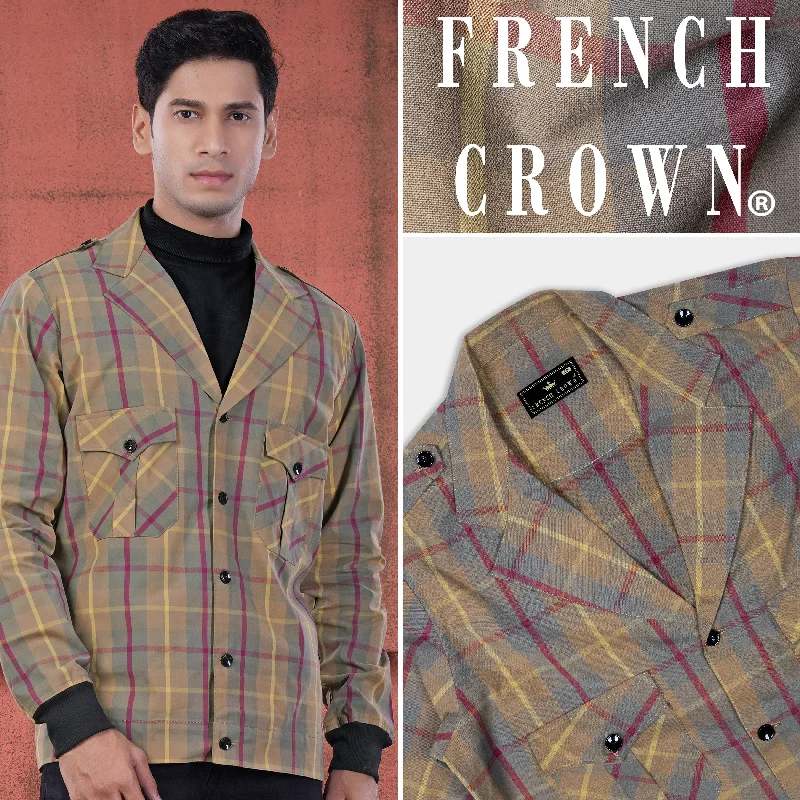 Stone Brown and Raspberry Pink Twill Plaid Premium Cotton Designer Jacket