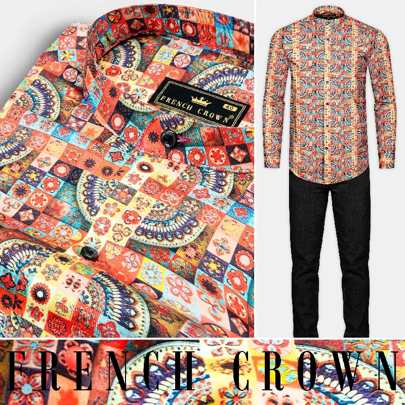 Sunrise Orange Multicolour Geometric Printed Super Soft Premium Cotton Shirt